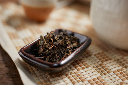 Close up hot tea on a rustic wood backgroundの写真素材
