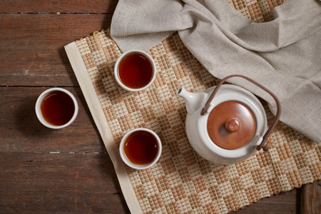 Close up hot tea on a rustic wood backgroundの写真素材
