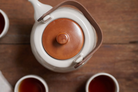 Close up hot tea on a rustic wood backgroundの写真素材