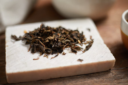 Close up hot tea on a rustic wood backgroundの写真素材