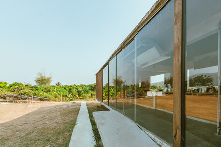Modern cafe exterior with glass windowsÂ in Chiang dao ,Thailandの写真素材