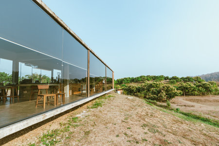 Modern cafe exterior with glass windowsÂ in Chiang dao ,Thailandの写真素材