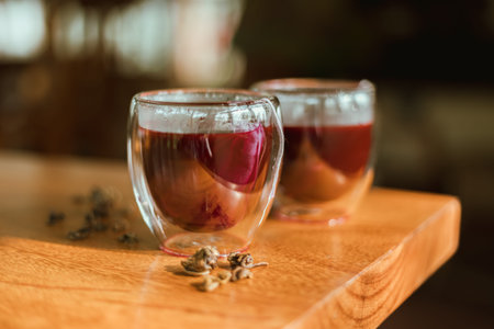 Red tea in the small clear glass on wooden table