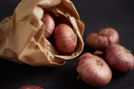 Close up of red shallot onion, herb and spice, food ingredientの写真素材
