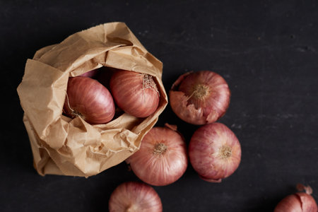 Close up of red shallot onion, herb and spice, food ingredientの写真素材