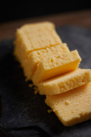 Slices of butter cake on plate, selective focusの写真素材