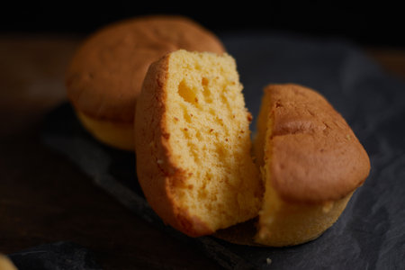 Slices of butter cake on plate, selective focusの写真素材