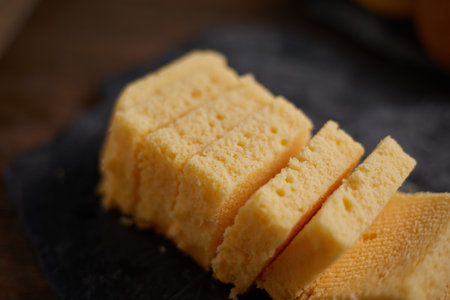 Slices of butter cake on plate, selective focusの写真素材