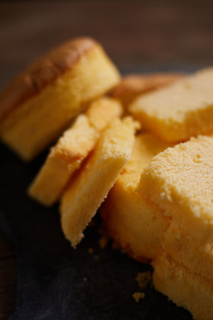 Slices of butter cake on plate, selective focusの写真素材