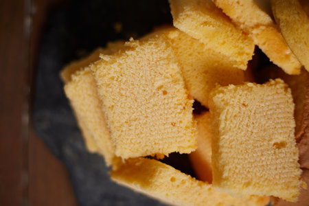 Slices of butter cake on plate, selective focusの写真素材