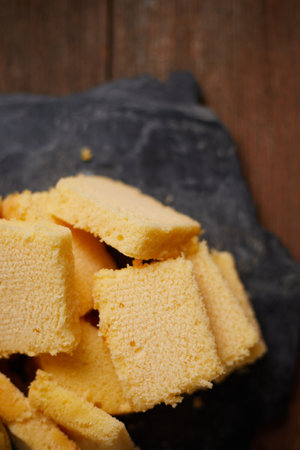 Slices of butter cake on plate, selective focusの写真素材