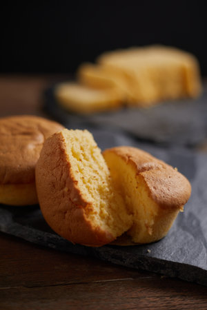 Slices of butter cake on plate, selective focusの写真素材