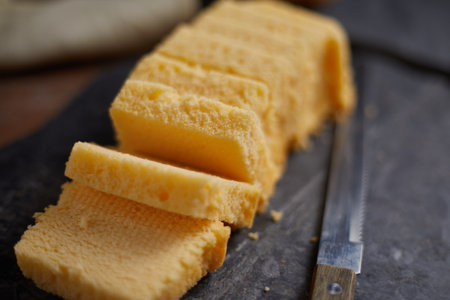 Slices of butter cake on plate, selective focusの写真素材