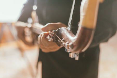 Close up hand playing Thai Mandolin, Phin in home studio.の写真素材