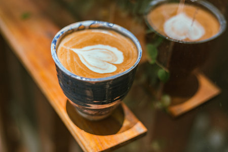 Close up a cup of hot latte art coffee on blur background.の写真素材