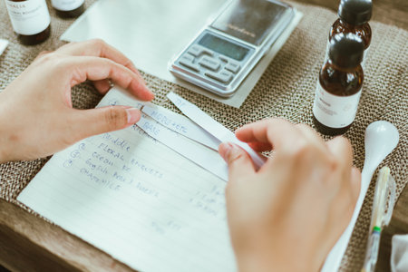 Shot of mature perfumer adding extra essential oil, perfume sampleの写真素材