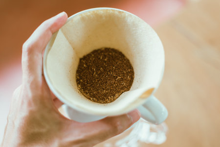 Close up coffee powder in the dripper, selective focusの写真素材