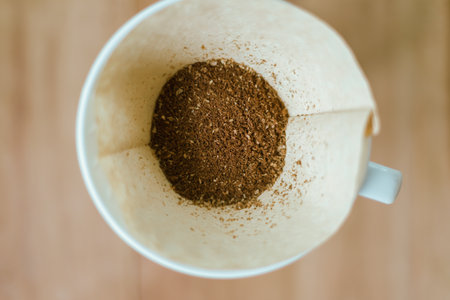 Close up coffee powder in the dripper, selective focusの写真素材