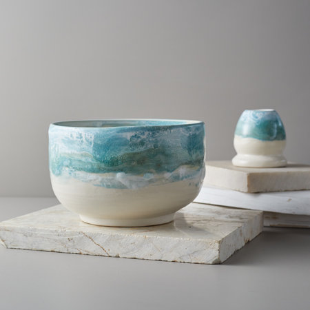Tea bowl ceramic on gray background. studio lightの写真素材