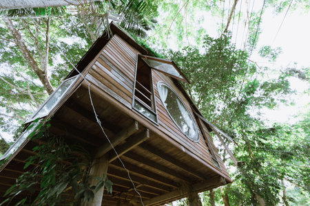 Local wooden house with tropical garden in Thailand.