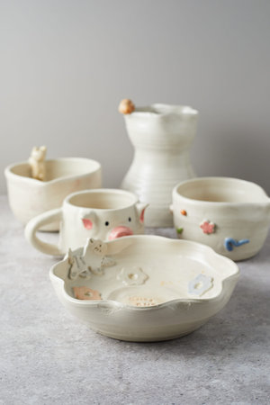 Set of Ceramic, stylish tableware, table decor and food menu concept.