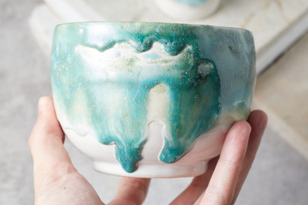 Tea bowl ceramic on gray background. studio lightの写真素材