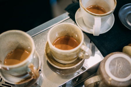 Close up hot coffee cup in cafe, Selective focusの写真素材