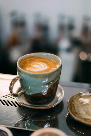 Close up hot coffee cup in cafe, Selective focusの写真素材