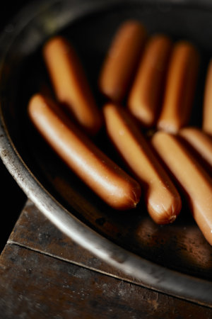 Close up grilled sausage on blur background.の写真素材