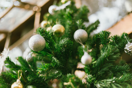 Close up of a hanging Chistmas tree bauble patterned