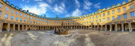 Stockholm, Sweden, September 27 , 2021: Panoramic view of special angled building at the square...