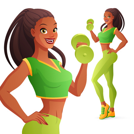 Beautiful sportive African woman exercising with dumbbell. Isolated vector illustration.のイラスト素材