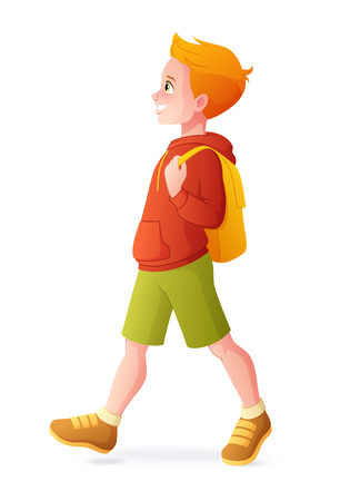 Young redhead boy walking with backpack. Vector illustration isolated on white background.のイラスト素材