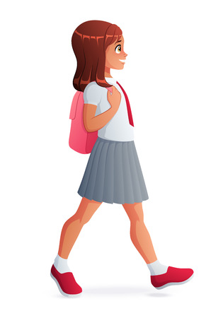 Young cute student girl in school uniform walking with backpack. Vector illustration isolated on white background.の素材 [FY310126912799]