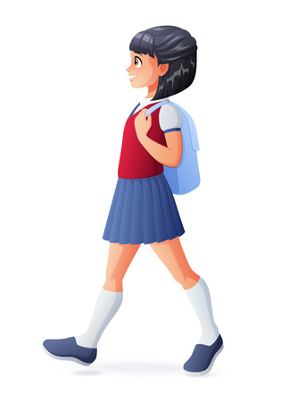 Young cute student girl in school uniform walking with backpack. Vector illustration isolated on white background.のイラスト素材