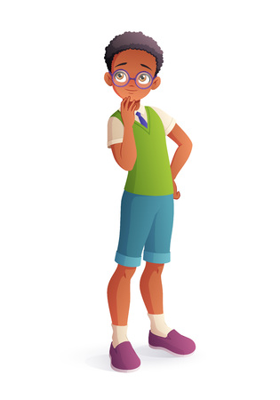 Young smart curious African American thoughtful student boy in glasses. Cartoon vector illustration isolated on white background.のイラスト素材