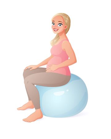 Pregnant woman sitting on fitball. Pregnancy vector illustration.のイラスト素材