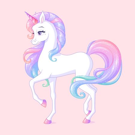 Beautiful white unicorn with pink horn and sparkly mane. Isolated vector illustration.のイラスト素材