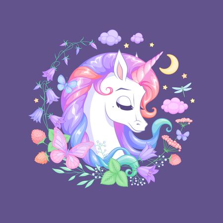 Cute sleeping unicorn surrounded with flowers and butterflies. Isolated vector illustration.のイラスト素材