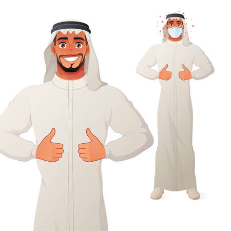Arab man showing thumbs up. Vector cartoon character.のイラスト素材
