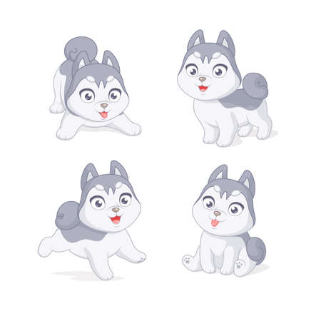 Cute playful husky puppy. Set of cartoon vector illustrations on white background.のイラスト素材