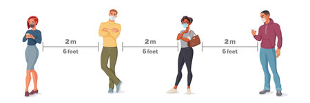 People in face masks standing in line. Social distance vector illustration.のイラスト素材