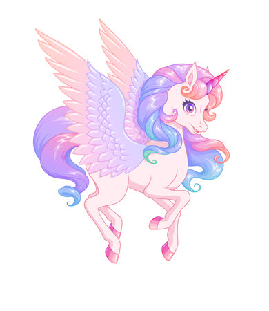 Beautiful flying winged pink unicorn. Vector illustration.のイラスト素材