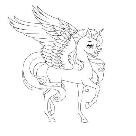 Beautiful unicorn with wings. Vector coloring page.のイラスト素材