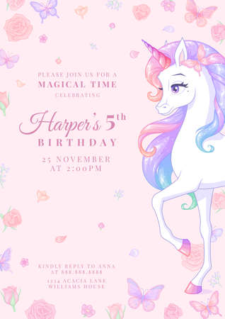 Birthday party invitation with unicorn, butterflies and flowers. Vector illustration on pink background.のイラスト素材