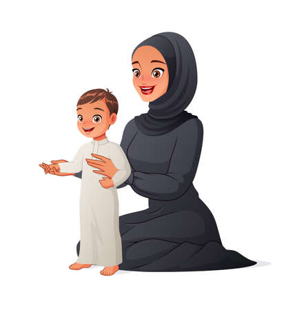 Arab mother helping her child to take first steps. Cartoon vector illustration.のイラスト素材