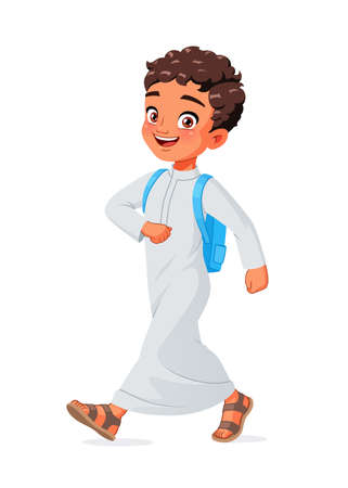 Happy Arab school boy walking. Cartoon vector illustration.のイラスト素材
