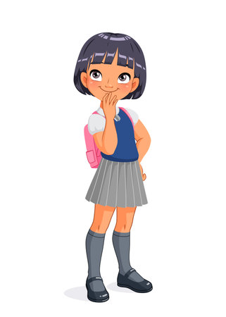 Thinking Asian school girl. Cartoon vector illustration.のイラスト素材
