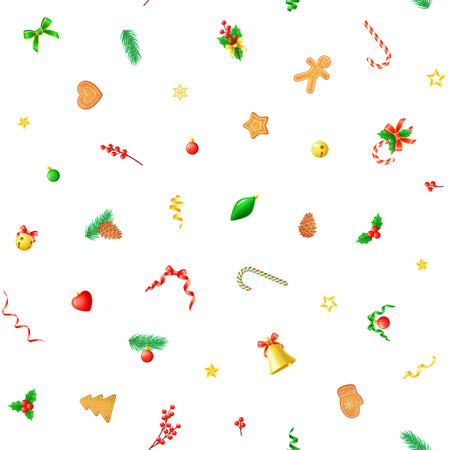 Seamless vector pattern with Christmas ornaments and decorations on white background.のイラスト素材