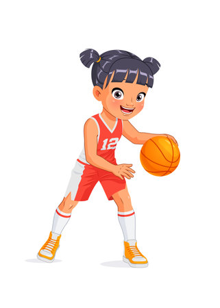 Cute little Asian girl playing basketball. Sports kid. Cartoon vector illustration isolated on white background.のイラスト素材